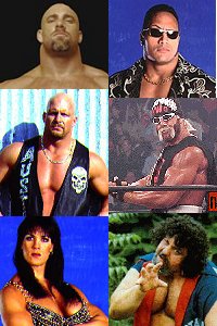Wrestlers: Bill Goldberg, The Rock, Stone Cold Steve Austin, Hulk Hogan, Chyna, Captain Lou Albano
